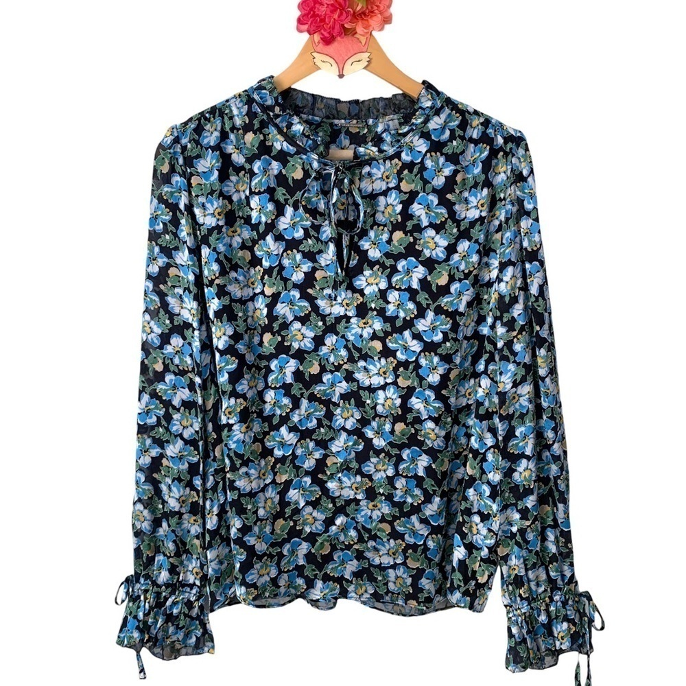 Elie Tahari blouse Sublime Bloom silk tie front split neck tie cuff size medium